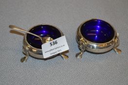 Pair of Hallmarked Silver Salts with Blue Glass Liners - Birmingham 1916, Approx 107g