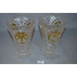 Pair of Cut Glass Vases with Engraved Amber Panels