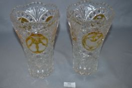 Pair of Cut Glass Vases with Engraved Amber Panels