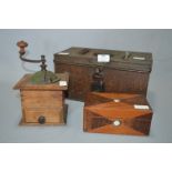 Metal Ballot Box, Inlaid Trinket Box and Coffee Grinder