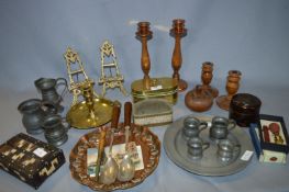 Assorted Items Brassware, Copper Tray, Pewter Mugs, Quill Box, Oak Candlesticks, etc.