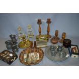 Assorted Items Brassware, Copper Tray, Pewter Mugs, Quill Box, Oak Candlesticks, etc.