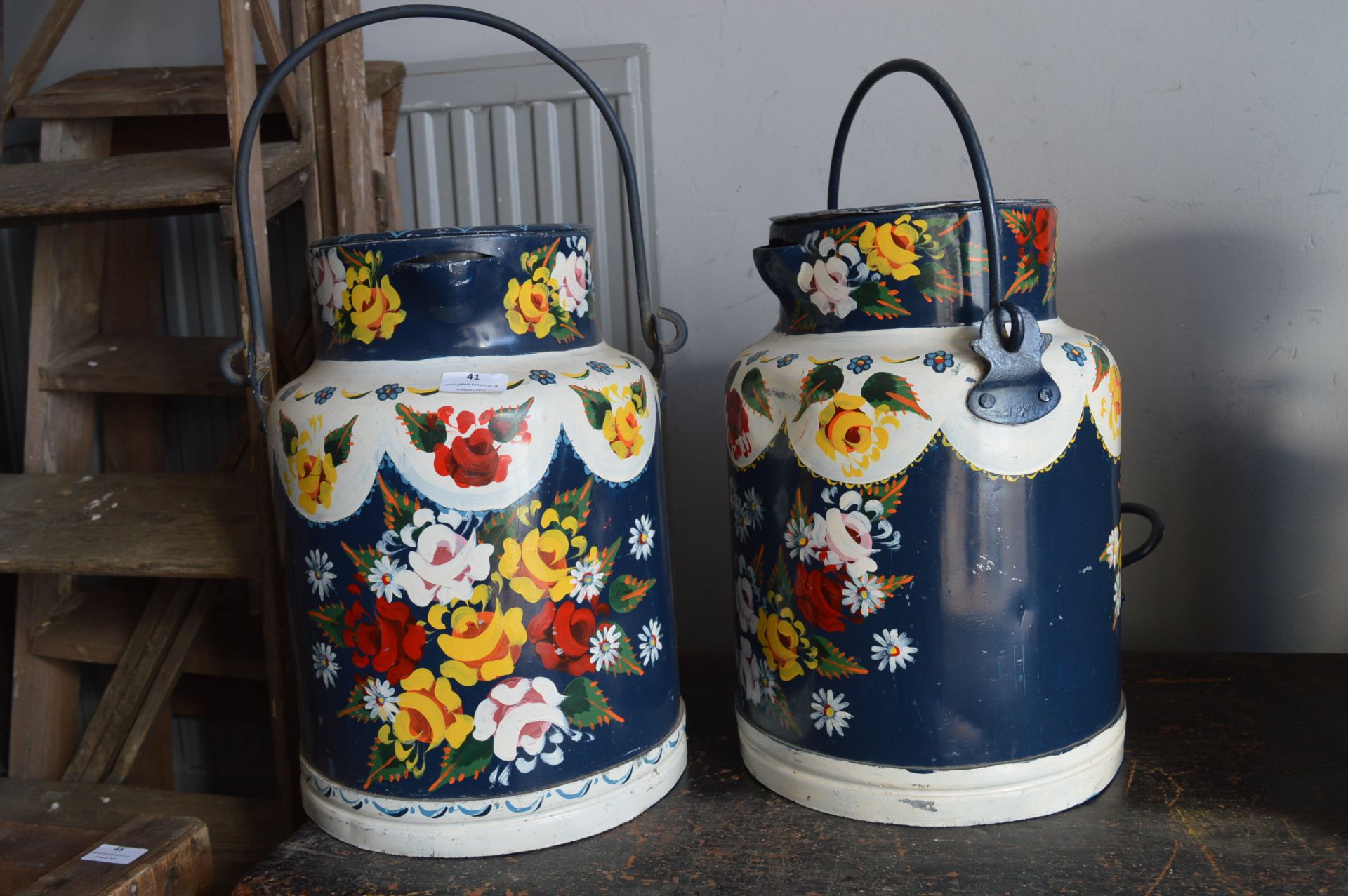 Pair of Floral Painted Milk Churns