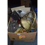 Box Containing Brass Spirit Kettle, Vintage Camera, Candlesticks...