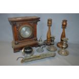 Carved Wood Cased Mantel Clock , Oak Candlesticks and Salter Spring Scales