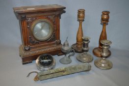 Carved Wood Cased Mantel Clock , Oak Candlesticks and Salter Spring Scales