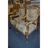 Pair of Gilt Painted Throne Chairs with Tapestry Upholstery in French Style