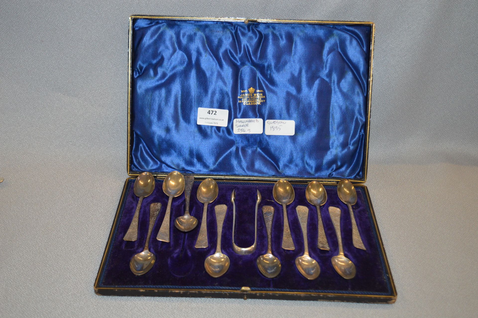 Cased Set of 12 Hallmarked Silver Spoons and Sugar Tongs - Glasgow 1895, Approx 254g