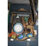 Box Containing Oak Candlesticks, Enamel Bowls, Cased Carving Set, Cloison and a Voltmeter