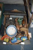 Box Containing Oak Candlesticks, Enamel Bowls, Cased Carving Set, Cloison and a Voltmeter