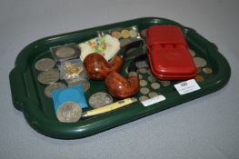 Tray Lot of British Coinage, Commemorative Coins, Two Pipes, and Cigar Case