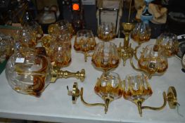 1970's Style Brass, Amber & Clear Glass Light Fittings