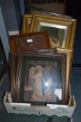 Selection of Victorian Framed Prints and Oil Paintings and a Carved Oak Panel