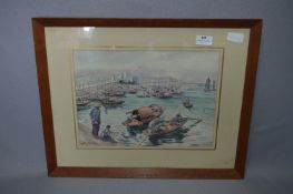 Oak Framed Watercolour - Oriental Harbour Scene by Geo Martan