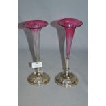 Pair of Silver Plated and Cranberry Glass Flute Vases