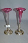 Pair of Silver Plated and Cranberry Glass Flute Vases