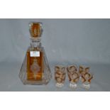 Cut Glass Decanter and Six Glasses with Engraved Amber Glass Panels