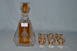 Cut Glass Decanter and Six Glasses with Engraved Amber Glass Panels