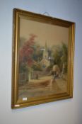 Large Gilt Framed Watercolour - Country Village Scene with Church and Hay Cart