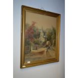 Large Gilt Framed Watercolour - Country Village Scene with Church and Hay Cart