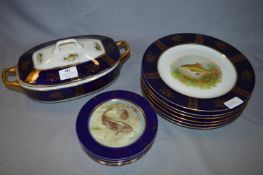 Blue & Gilt Patterned Dinnerware with Printed Fish Panels