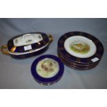 Blue & Gilt Patterned Dinnerware with Printed Fish Panels