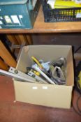 Box of Various Tools Including Spirit Levels, Hand