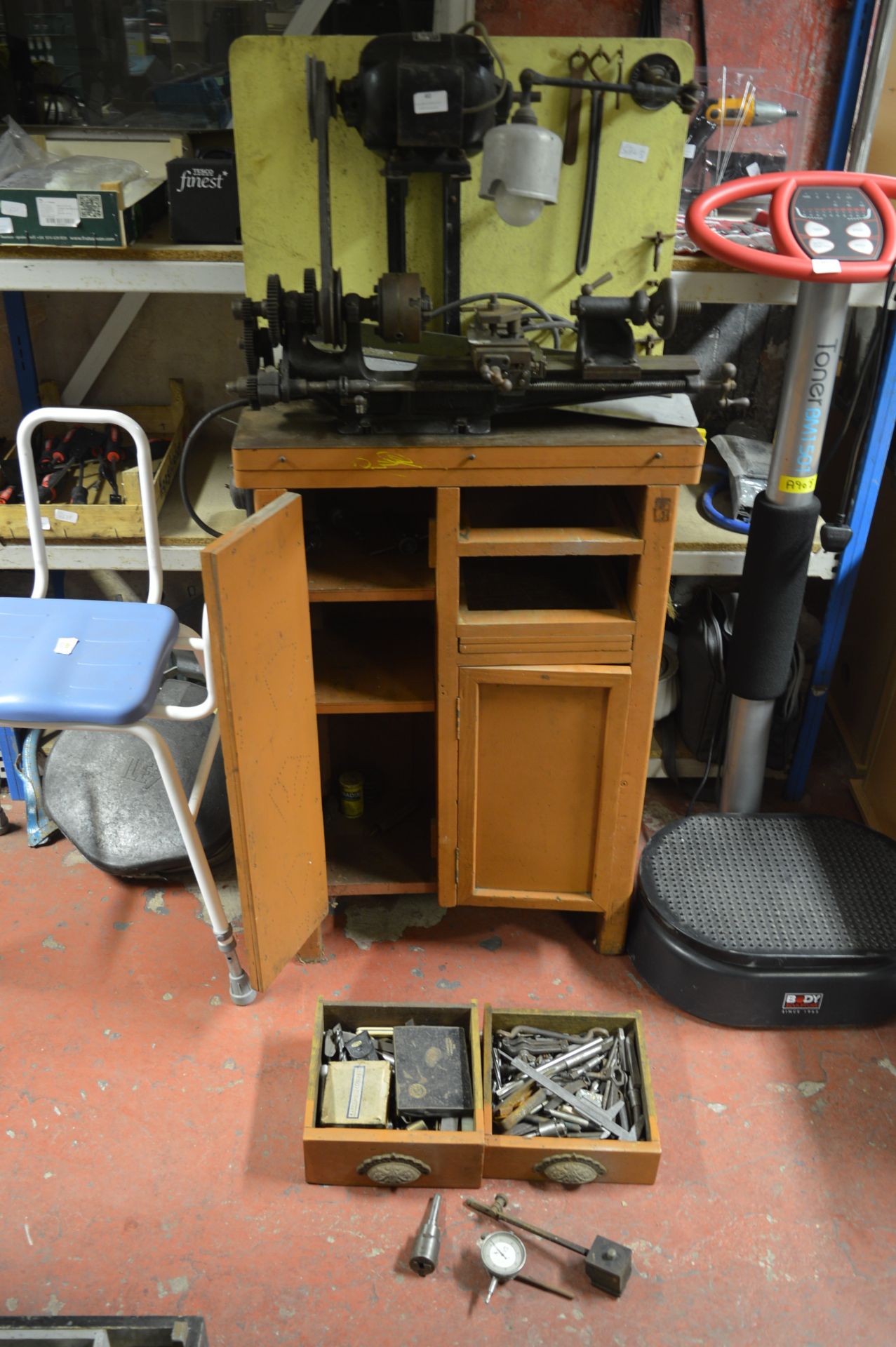 Vintage Lathe Mounted on Pine Cupboard with Access