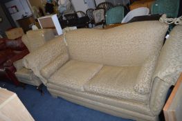 Gold Upholstered Drop Arm Sofa and Winged Highback