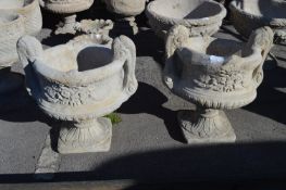 Pair of Reconstituted Limestone Garden Urns on Pli
