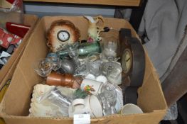 Box Containing Vintage Pottery, Meat Plates, Clock