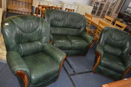 Green Leather Three Piece Suite; Two Seat Sofa and