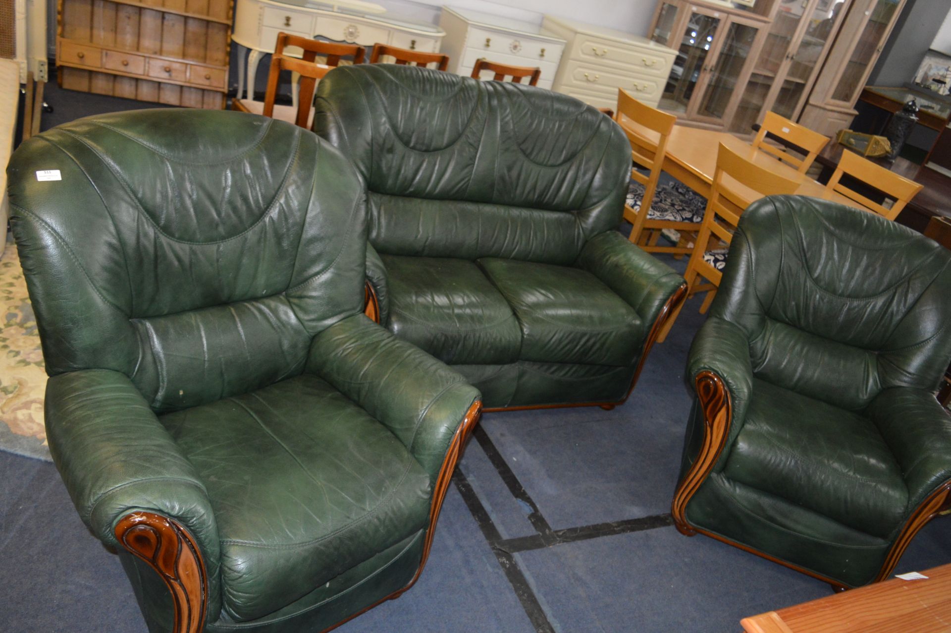 Green Leather Three Piece Suite; Two Seat Sofa and