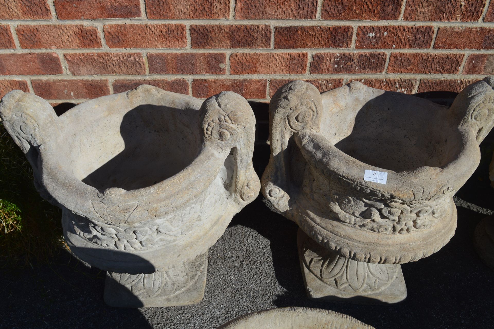 Pair of Reconstituted Limestone Garden Urns on Pli