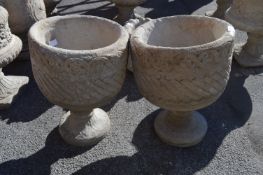 Pair of Reconstituted Limestone Planters on Plinth