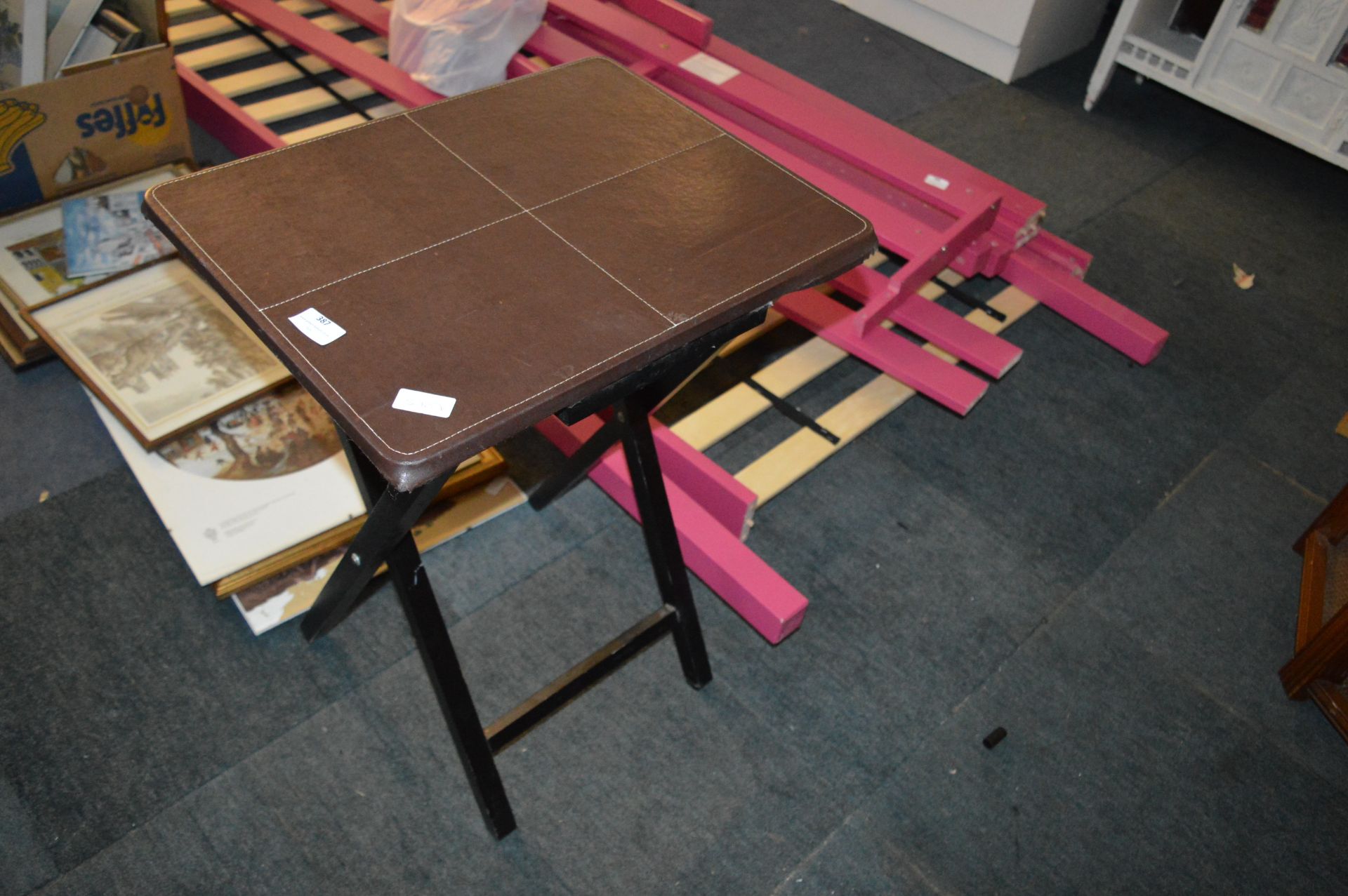 Brown Leather Topped Folding Side Table