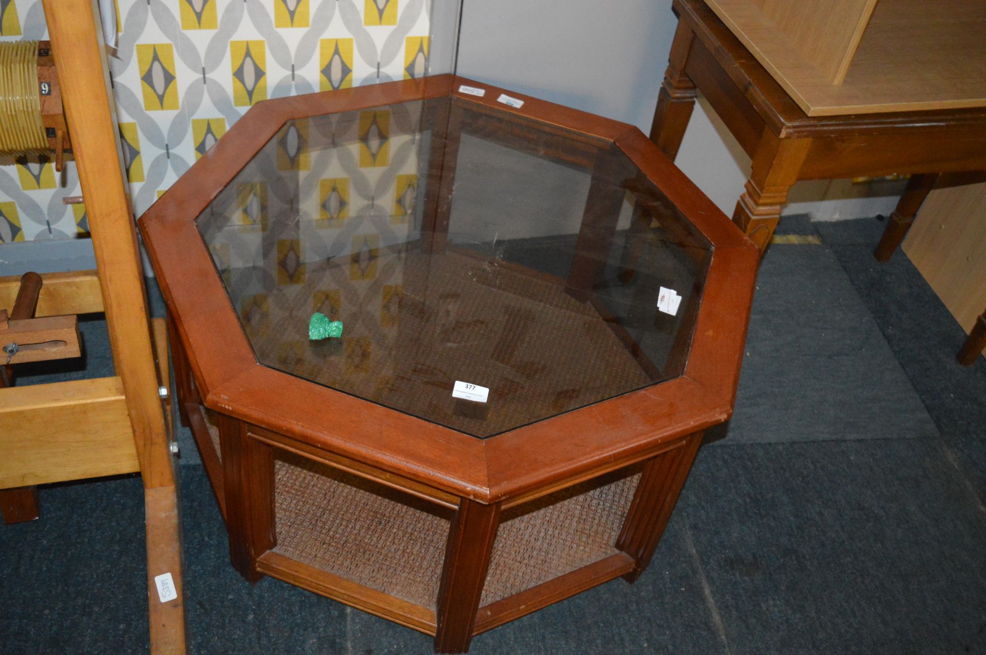 Hexagonal Glass Topped Mahogany Framed Coffee Tabl