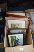 Box Containing Framed Prints and Woolwork Pictures