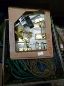 Box of Brass Door Handles, Cord and Hose Pipe