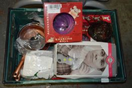 *Box of Miscellaneous Items Including Vibrating Neck Massager, Exercise Balls, Saucepans, etc.