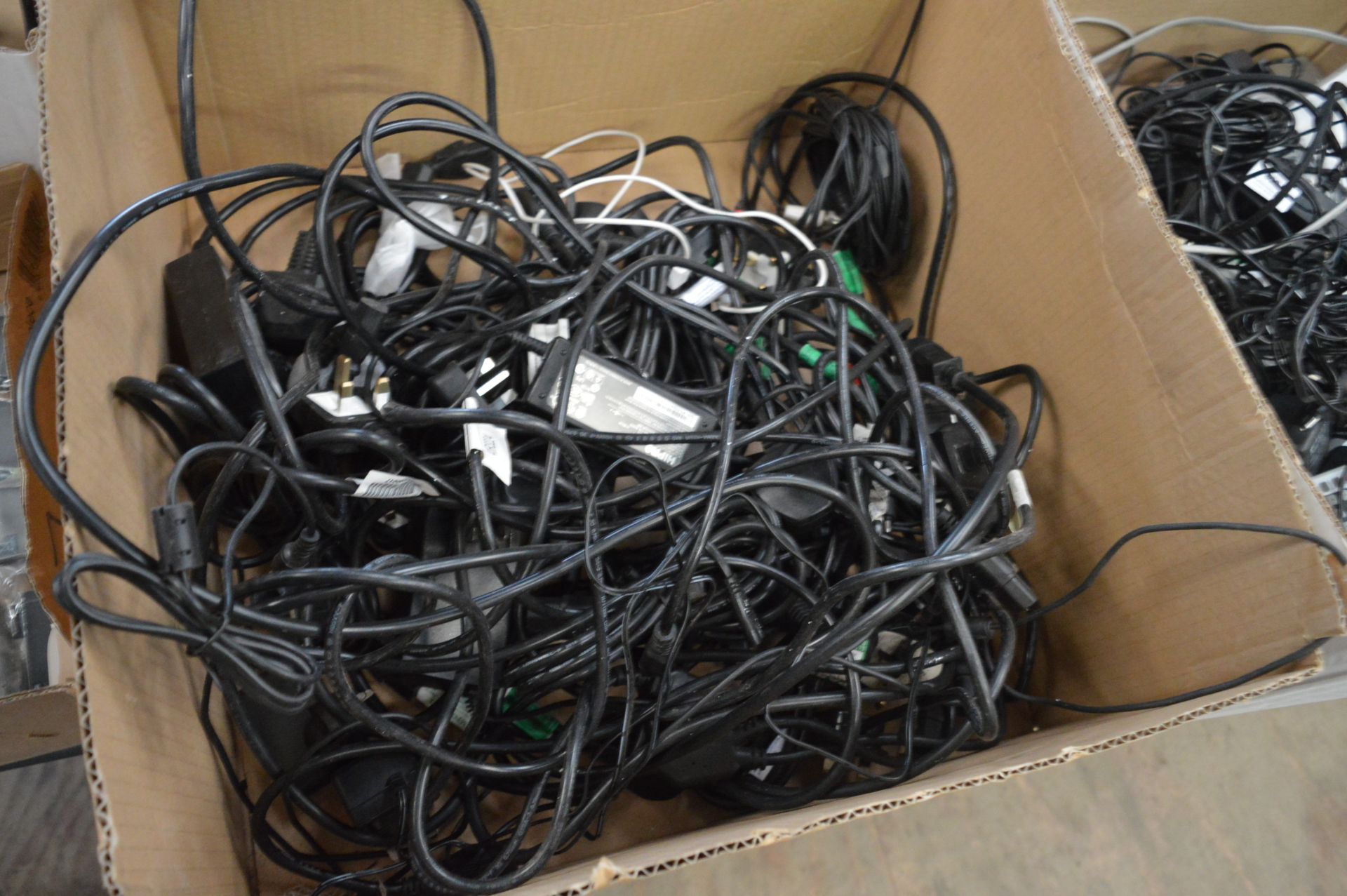 Box of Assorted Kettle Leads, Power Supply Units,