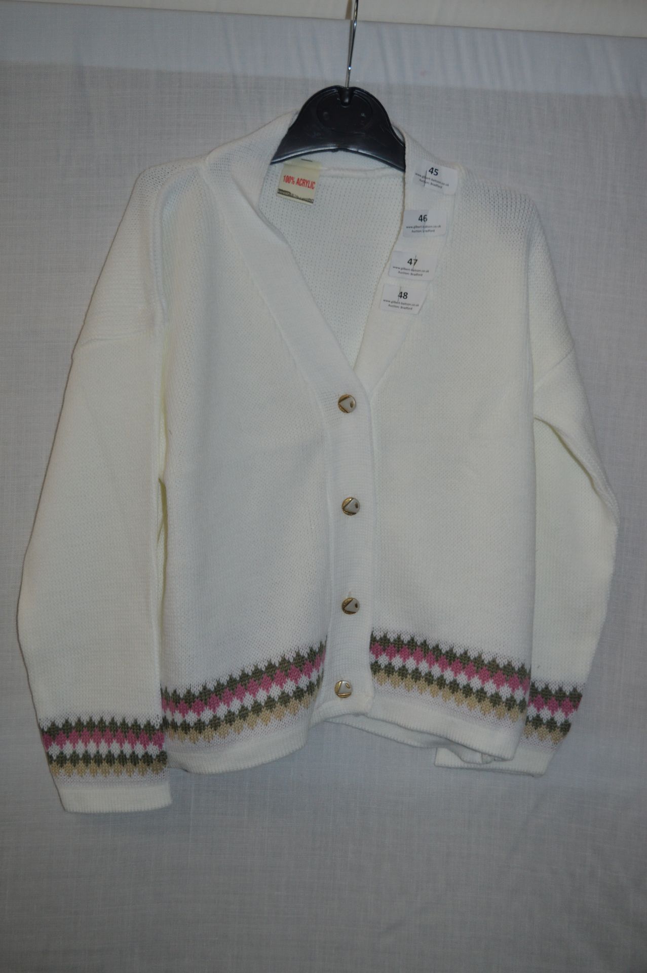 Box of Five White Knitted Cardigans with Coloured