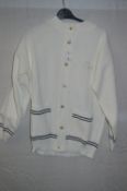 Box of Five White Knitted Cardigans with Blue Trim