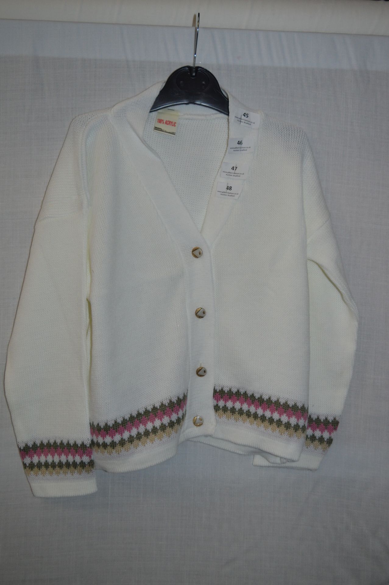 Box of Five White Knitted Cardigans with Coloured