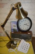 Radio, Anglepoise Lamp, Telephone and a Clock