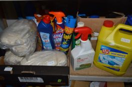 Two Boxes of Cleaning Products and Work Gloves