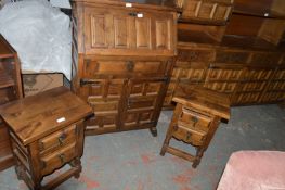 Paneled Wooden Writing Bureau and a Pair of Bedsid