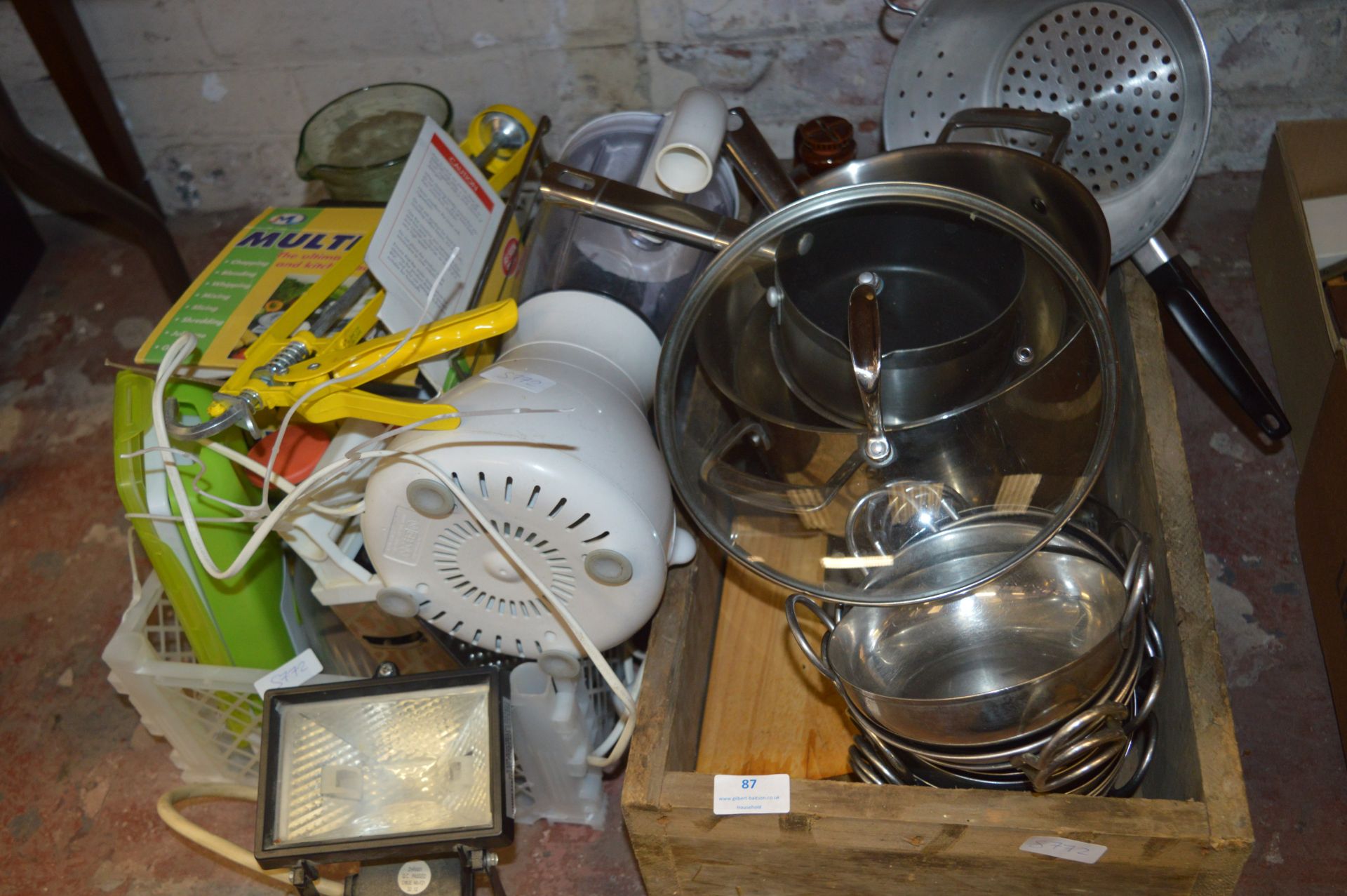 Two Boxes of Kitchen Tools Including Pans, etc.