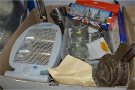 Box Containing Electric Heater, Stamps, Glass Pres