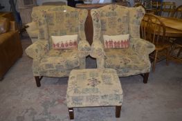Pair of Upholstered Armchairs and a Footstool